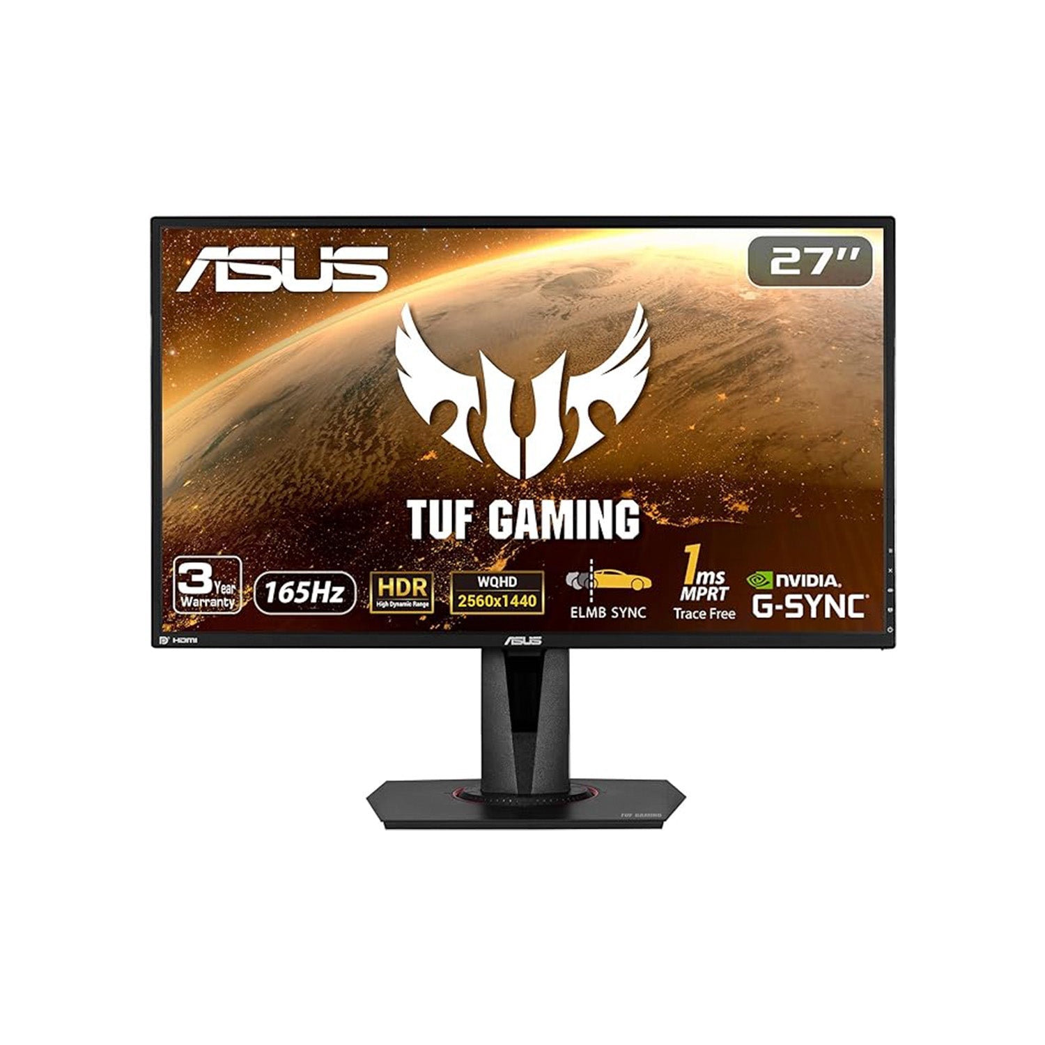 ASUS TUF 27Inch HDR10 Gaming Monitor - WQHD (2560 x 1440). IPS. 165Hz. 1ms. Extreme Low Motion Blur. Speaker. G-SYNC Compatible. VESA Mountable. DisplayPort. HDMI VG27AQ