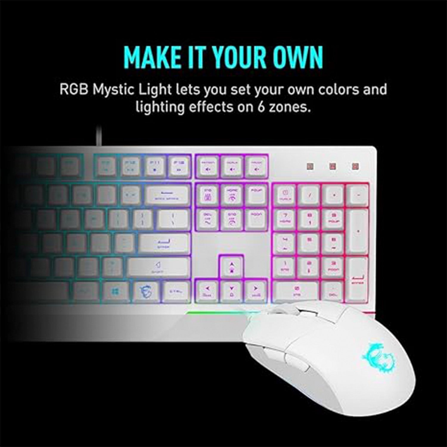MSI VIGOR GK30 COMBO - Mechanical Gaming Keyboard RGB Backlit With 7 Lighting Effects. USB Wired Keyboard. Plunger Switches 20-key Anti-ghosting 108 Keys. For Desktop PC - White