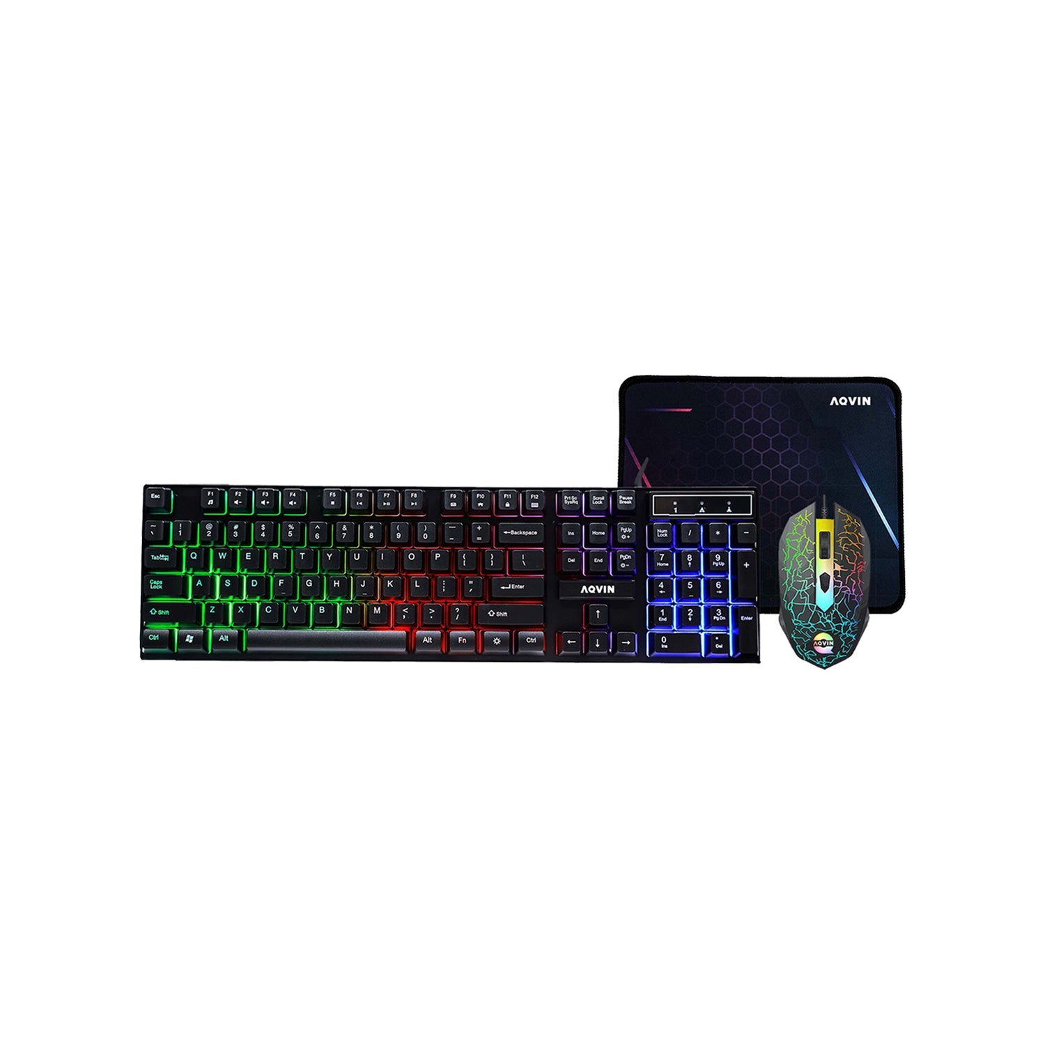 AQVIN RGB Wired Gaming Keyboard and Mouse Combo with Pad for Gamers ~ Multimedia and Anti-Ghosting capability keys ~ ERGONOMIC design - upto 3200 DPI (Rainbow LED Light Effect)