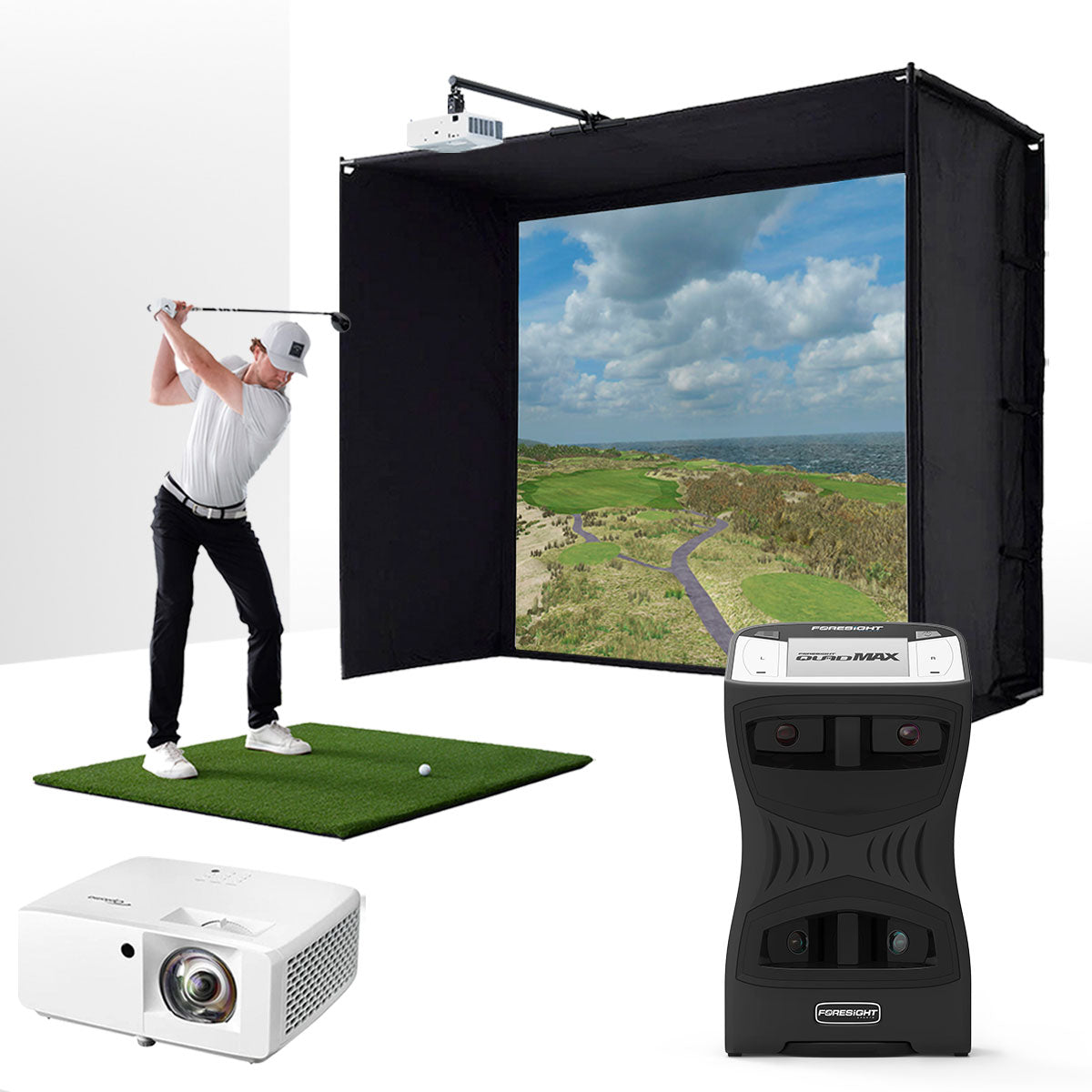 Foresight QuadMAX with PlayBetter SimStudio™ ESSENTIALS Package | Golf Simulator Studio with Impact Screen. Enclosure.Hitting Mat & Projector