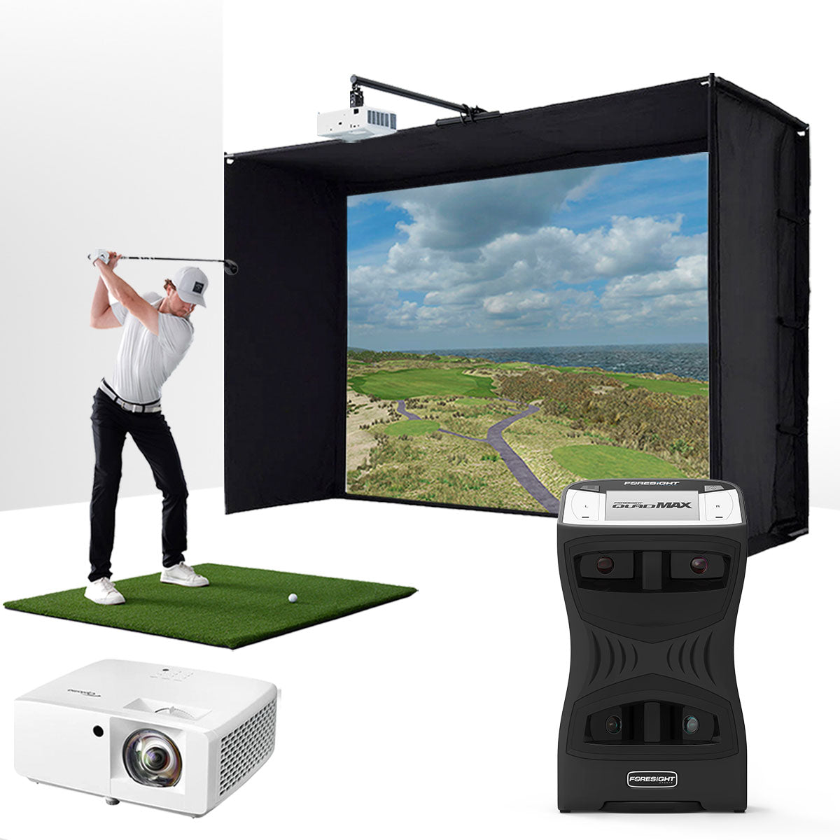 Foresight QuadMAX with PlayBetter SimStudio™ ESSENTIALS Package | Golf Simulator Studio with Impact Screen. Enclosure.Hitting Mat & Projector