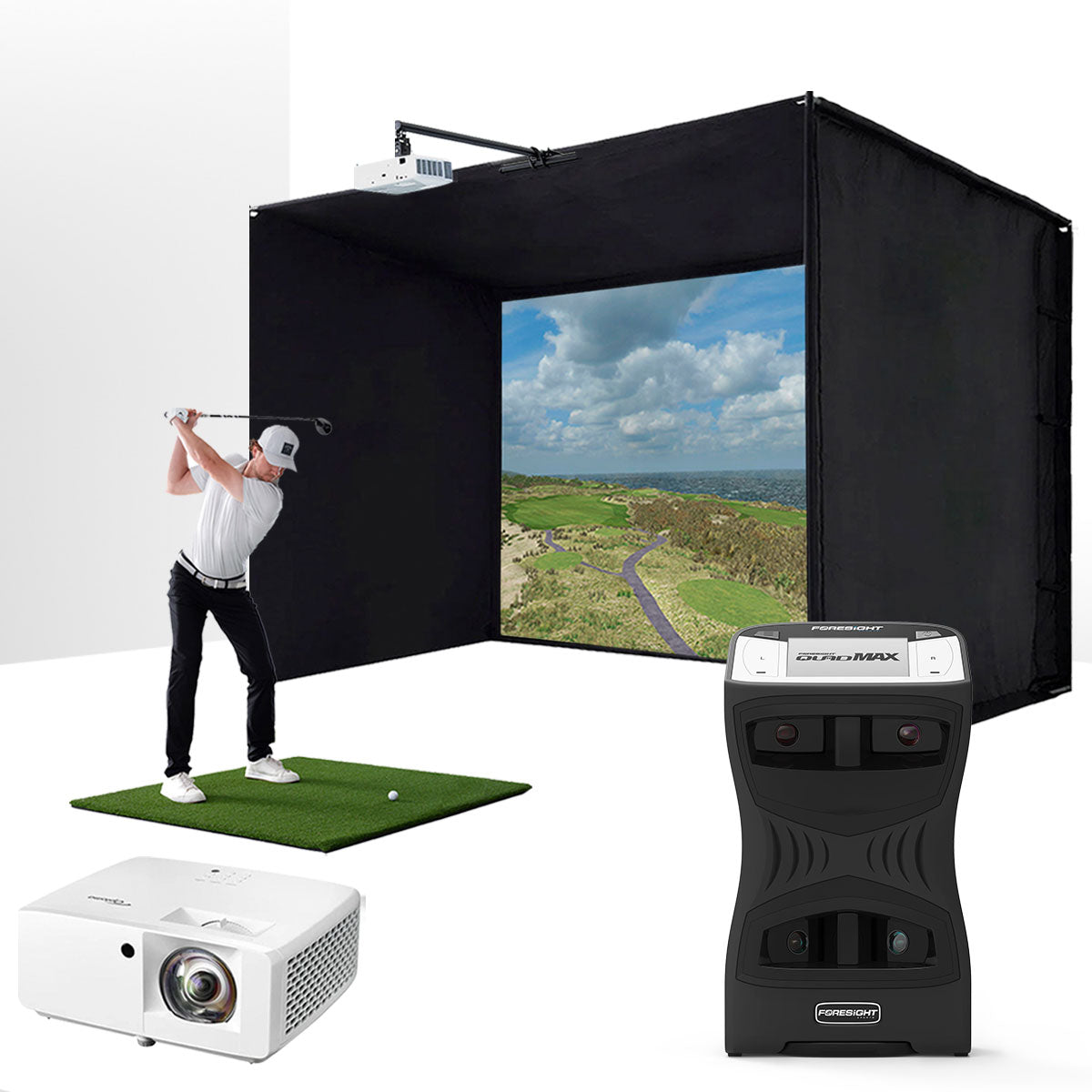 Foresight QuadMAX with PlayBetter SimStudio™ ESSENTIALS Package | Golf Simulator Studio with Impact Screen. Enclosure.Hitting Mat & Projector