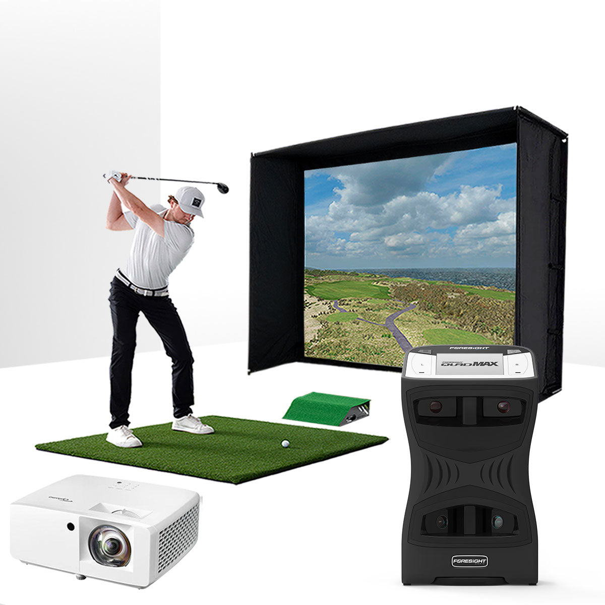 Foresight QuadMAX with PlayBetter SimStudio™ ESSENTIALS Package | Golf Simulator Studio with Impact Screen. Enclosure.Hitting Mat & Projector