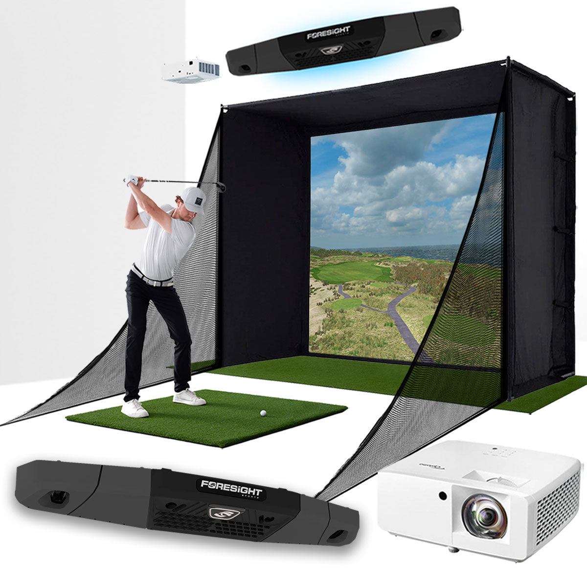 Foresight Falcon with PlayBetter SimStudio™ COMPLETE Package | Golf Simulator Studio with Impact Screen. Enclosure. Side Barriers. Hitting/Putting Mats & Projector