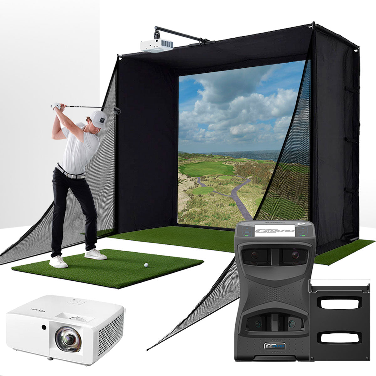 Foresight GCQuad with PlayBetter SimStudio™ COMPLETE Package | Golf Simulator Studio with Impact Screen. Enclosure. Side Barriers. Hitting/Putting Mats. Projector & Protective Case