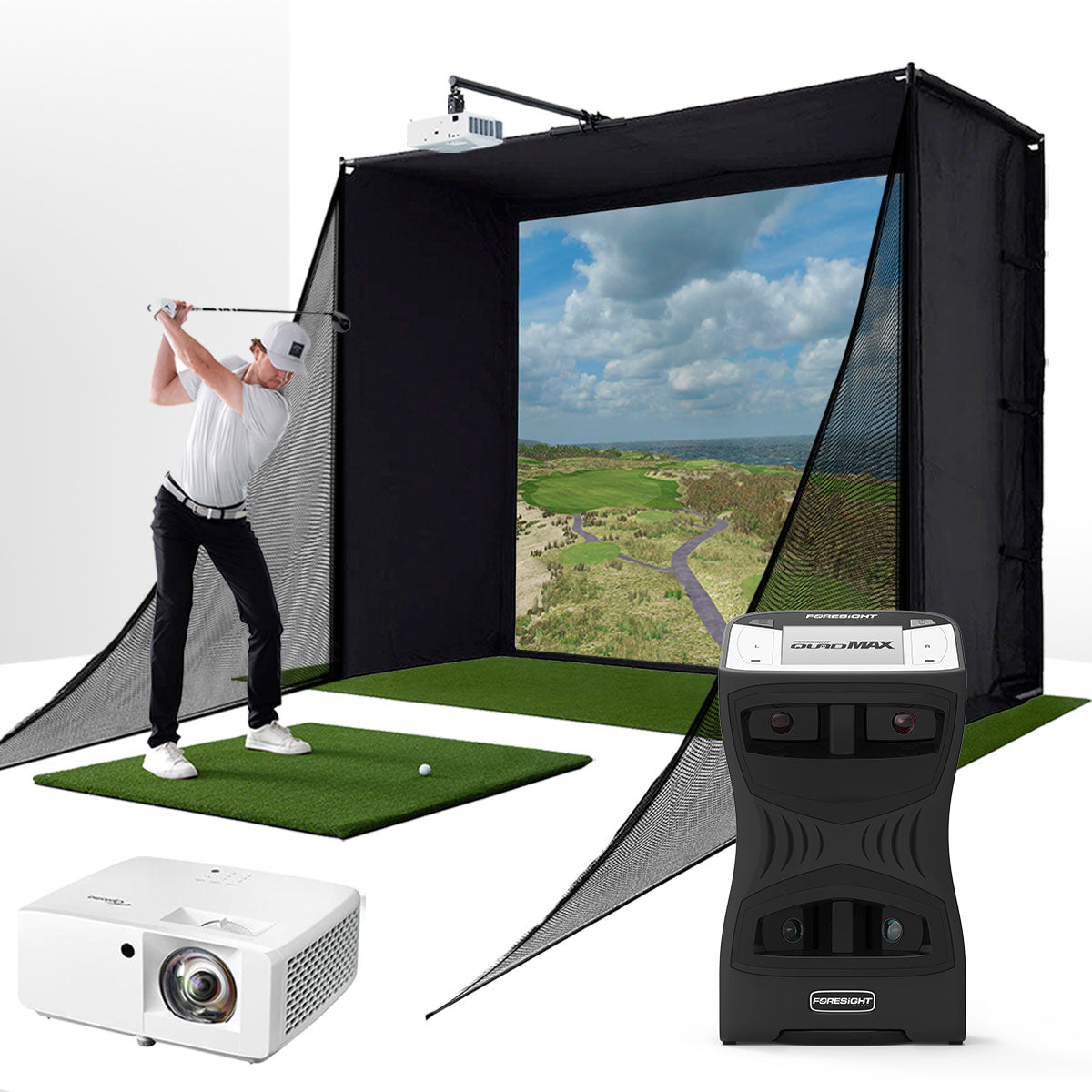 Foresight QuadMAX with PlayBetter SimStudio™ COMPLETE Package | Golf Simulator Studio with Impact Screen. Enclosure. Side Barriers. Hitting/Putting Mats & Projector