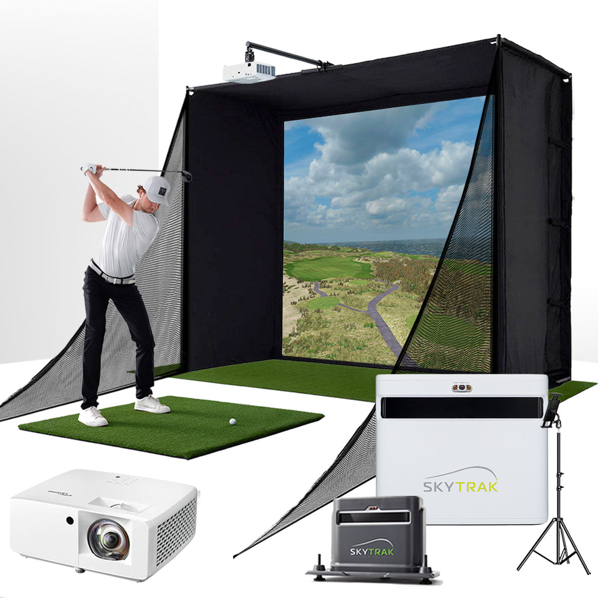 SkyTrak+ with PlayBetter SimStudio™ COMPLETE Package | Golf Simulator Studio with Impact Screen. Enclosure. Side Barriers. Hitting/Putting Mats. Projector & Protective Case
