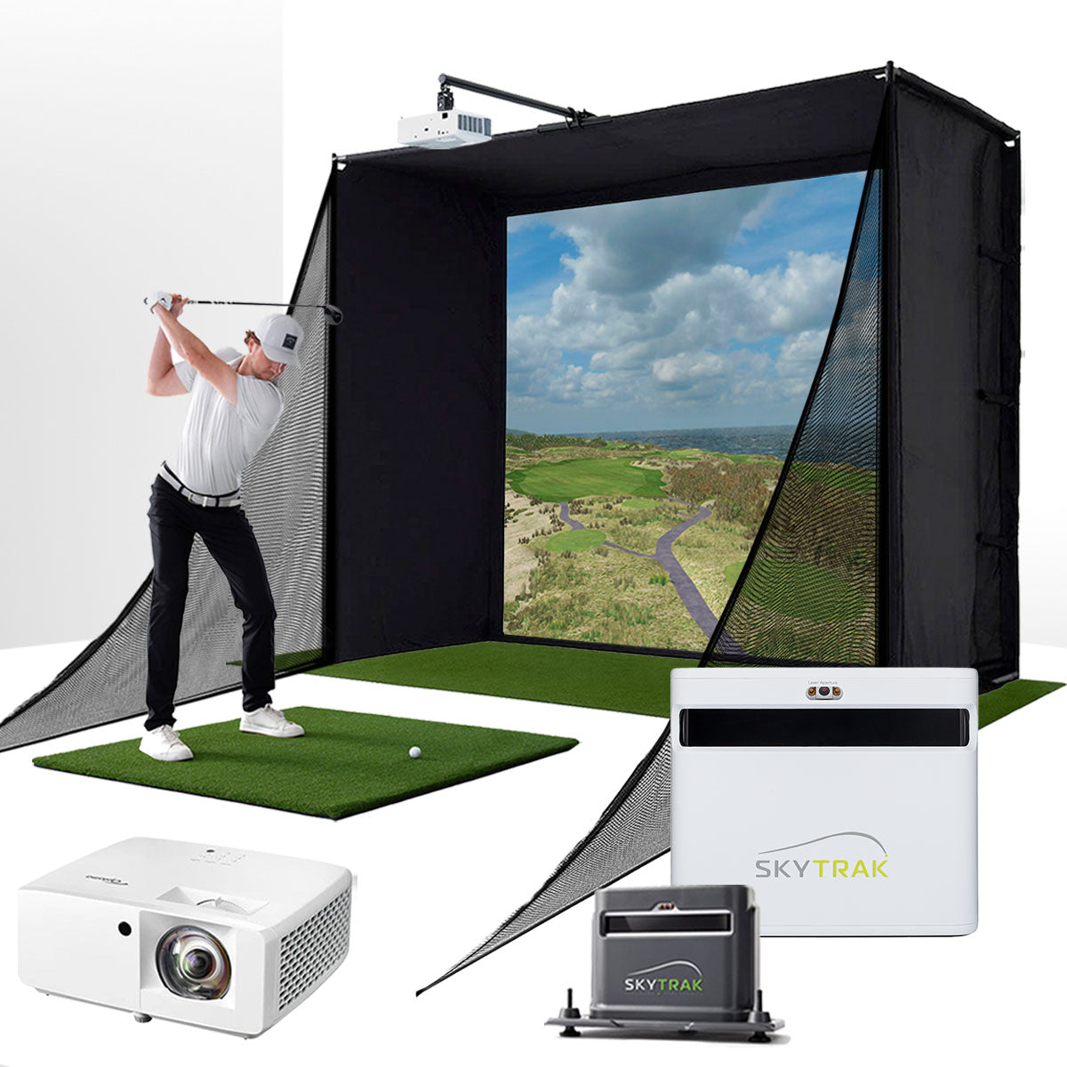 SkyTrak+ with PlayBetter SimStudio™ COMPLETE Package | Golf Simulator Studio with Impact Screen. Enclosure. Side Barriers. Hitting/Putting Mats. Projector & Protective Case