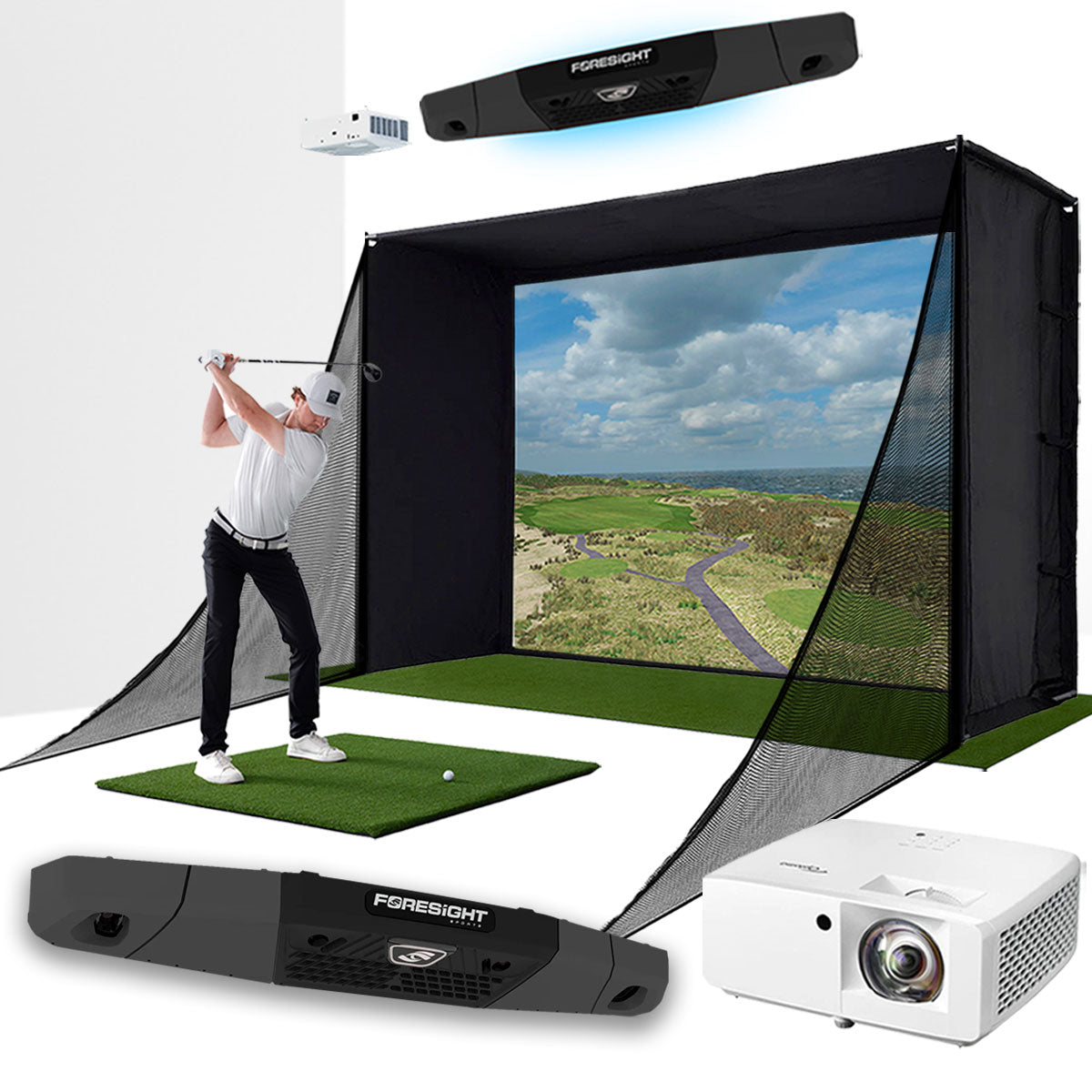 Foresight Falcon with PlayBetter SimStudio™ COMPLETE Package | Golf Simulator Studio with Impact Screen. Enclosure. Side Barriers. Hitting/Putting Mats & Projector