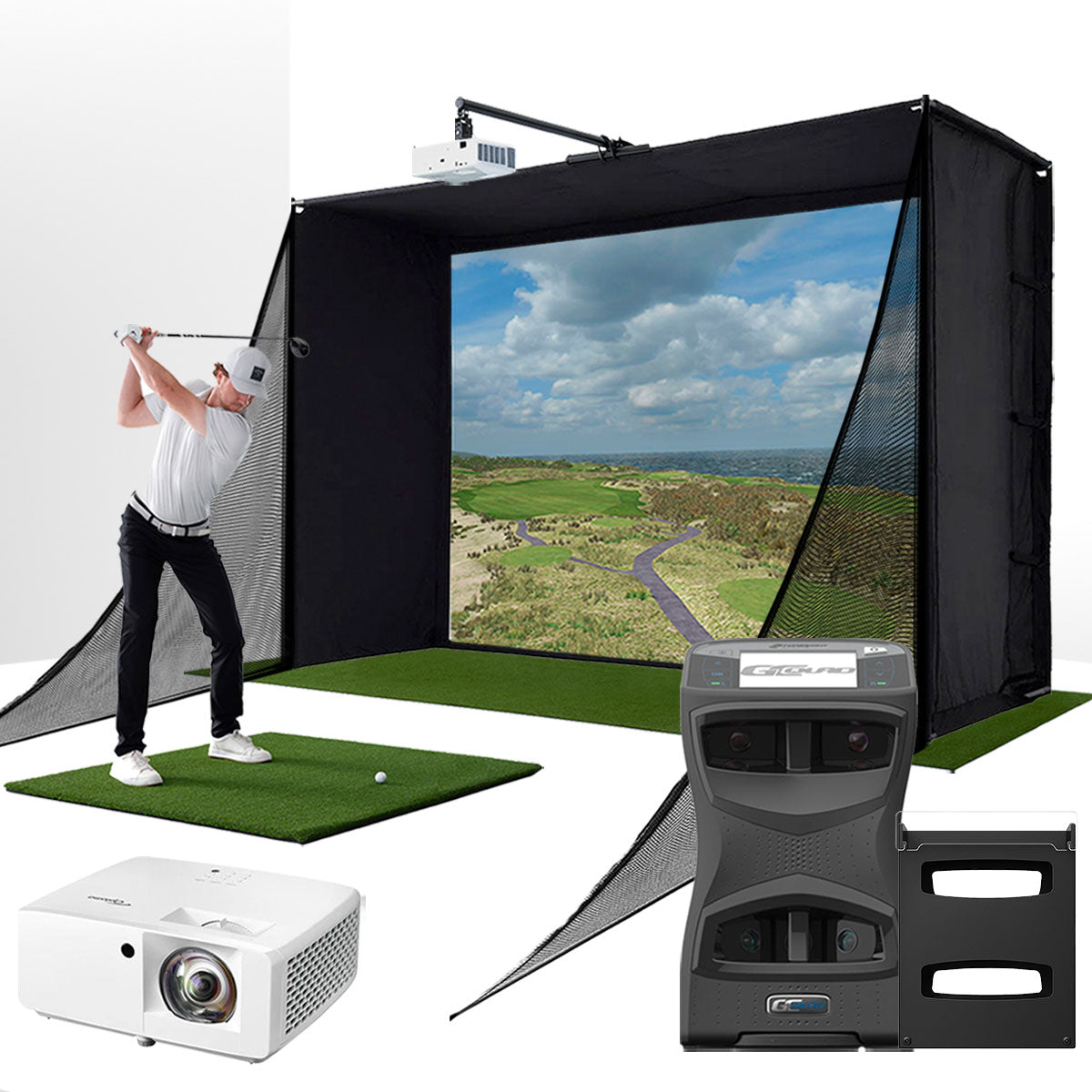 Foresight GCQuad with PlayBetter SimStudio™ COMPLETE Package | Golf Simulator Studio with Impact Screen. Enclosure. Side Barriers. Hitting/Putting Mats. Projector & Protective Case
