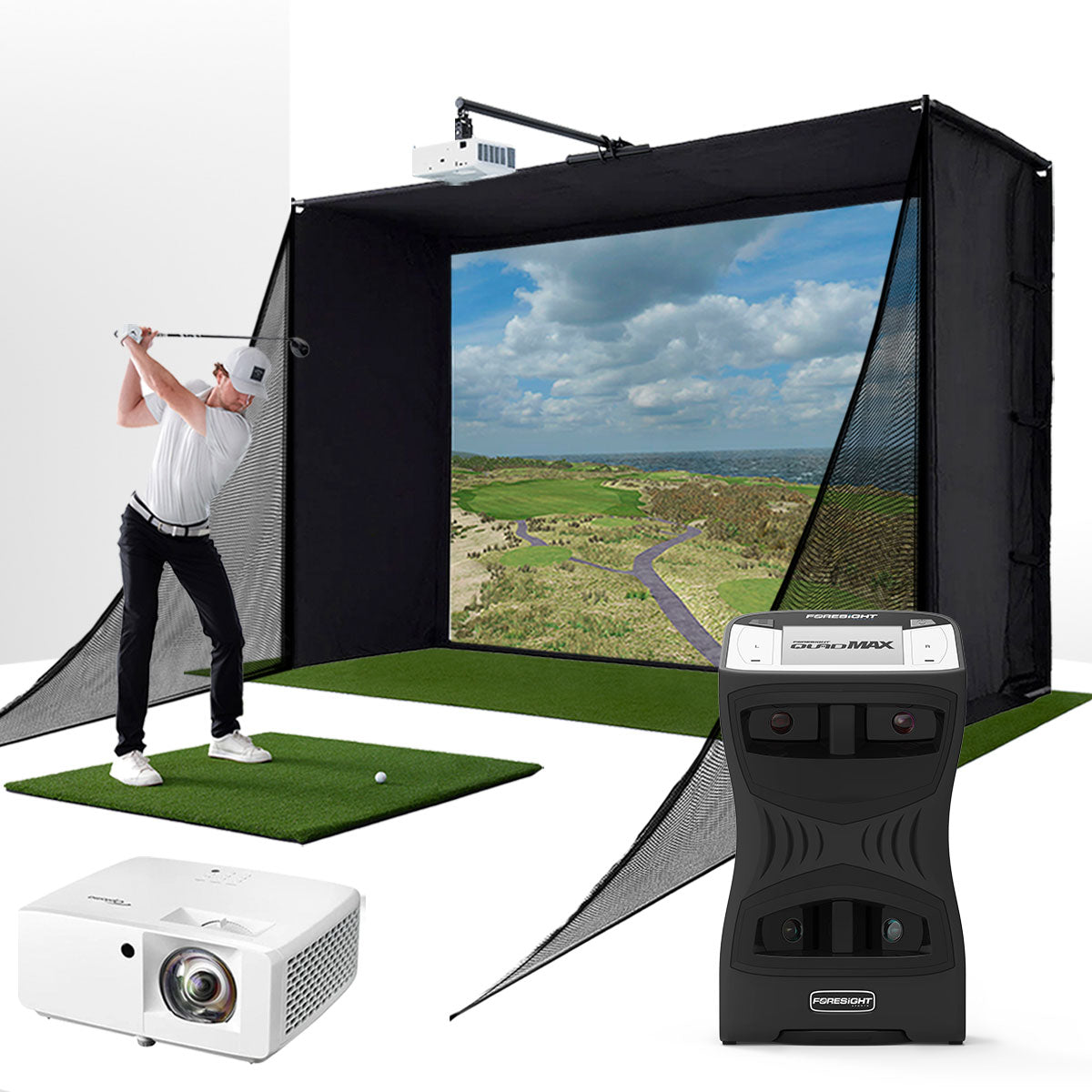 Foresight QuadMAX with PlayBetter SimStudio™ COMPLETE Package | Golf Simulator Studio with Impact Screen. Enclosure. Side Barriers. Hitting/Putting Mats & Projector