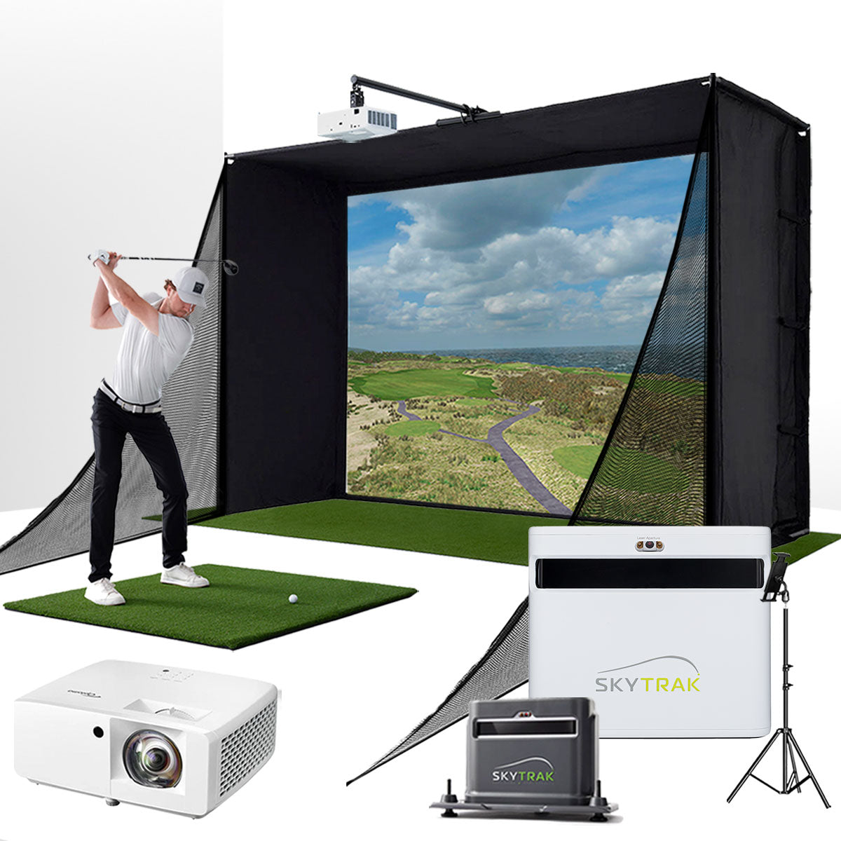 SkyTrak+ with PlayBetter SimStudio™ COMPLETE Package | Golf Simulator Studio with Impact Screen. Enclosure. Side Barriers. Hitting/Putting Mats. Projector & Protective Case