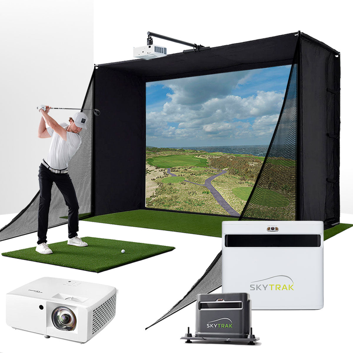 SkyTrak+ with PlayBetter SimStudio™ COMPLETE Package | Golf Simulator Studio with Impact Screen. Enclosure. Side Barriers. Hitting/Putting Mats. Projector & Protective Case