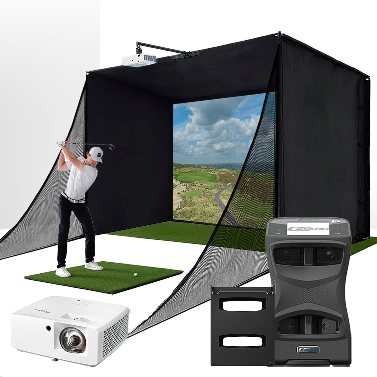 Foresight GCQuad with PlayBetter SimStudio™ COMPLETE Package | Golf Simulator Studio with Impact Screen. Enclosure. Side Barriers. Hitting/Putting Mats. Projector & Protective Case