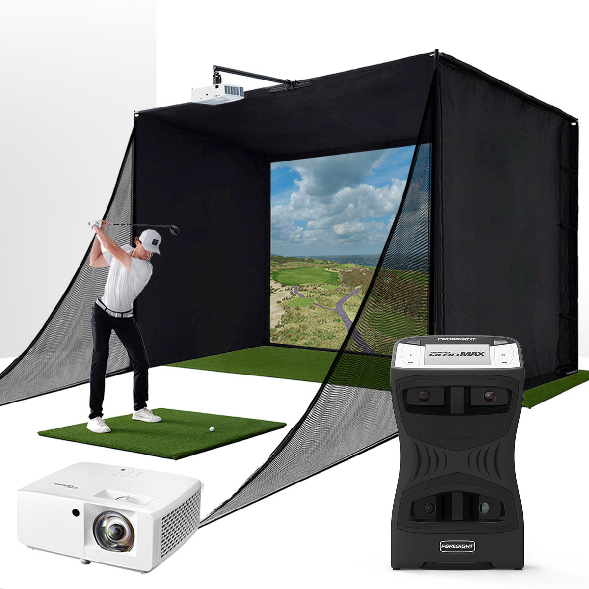 Foresight QuadMAX with PlayBetter SimStudio™ COMPLETE Package | Golf Simulator Studio with Impact Screen. Enclosure. Side Barriers. Hitting/Putting Mats & Projector