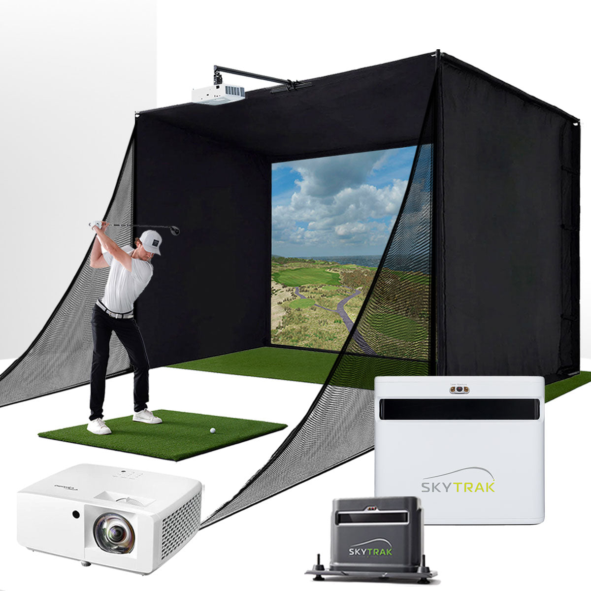 SkyTrak+ with PlayBetter SimStudio™ COMPLETE Package | Golf Simulator Studio with Impact Screen. Enclosure. Side Barriers. Hitting/Putting Mats. Projector & Protective Case