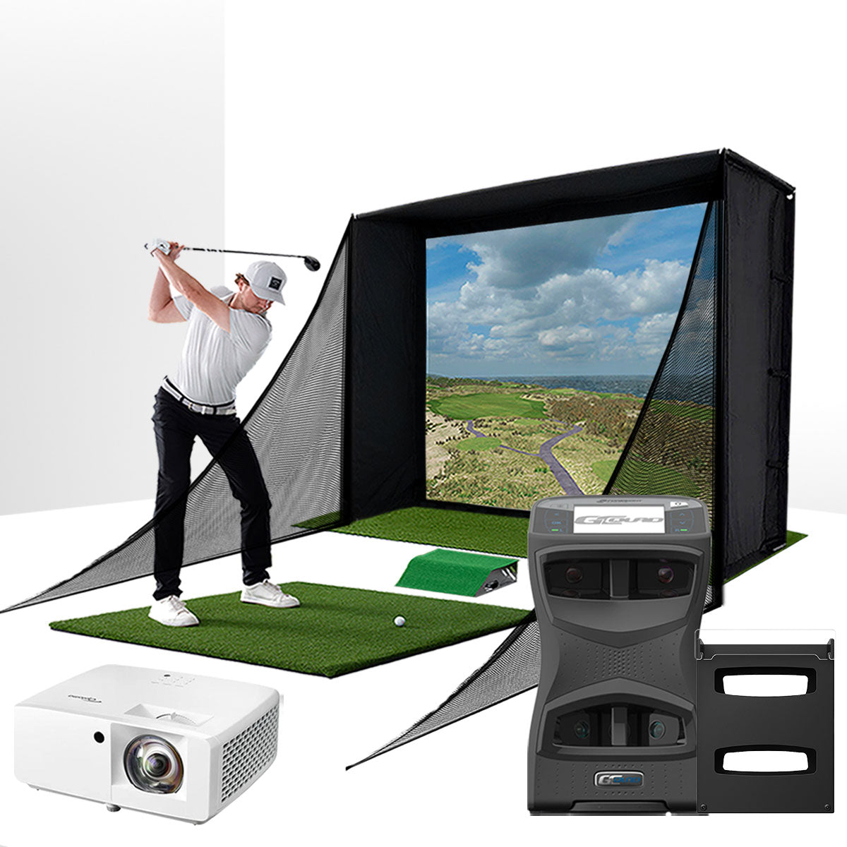 Foresight GCQuad with PlayBetter SimStudio™ COMPLETE Package | Golf Simulator Studio with Impact Screen. Enclosure. Side Barriers. Hitting/Putting Mats. Projector & Protective Case