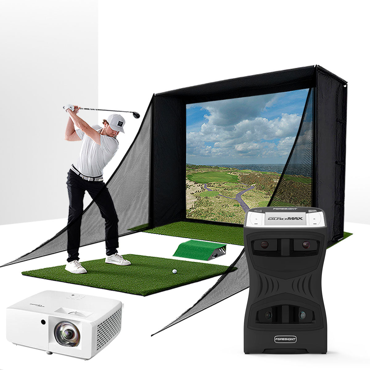 Foresight QuadMAX with PlayBetter SimStudio™ COMPLETE Package | Golf Simulator Studio with Impact Screen. Enclosure. Side Barriers. Hitting/Putting Mats & Projector