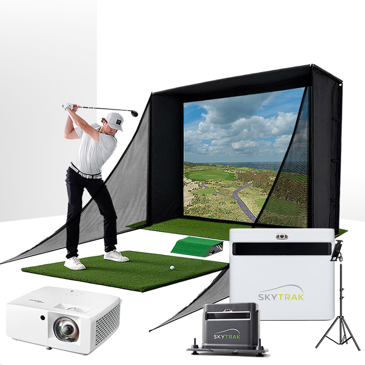 SkyTrak+ with PlayBetter SimStudio™ COMPLETE Package | Golf Simulator Studio with Impact Screen. Enclosure. Side Barriers. Hitting/Putting Mats. Projector & Protective Case