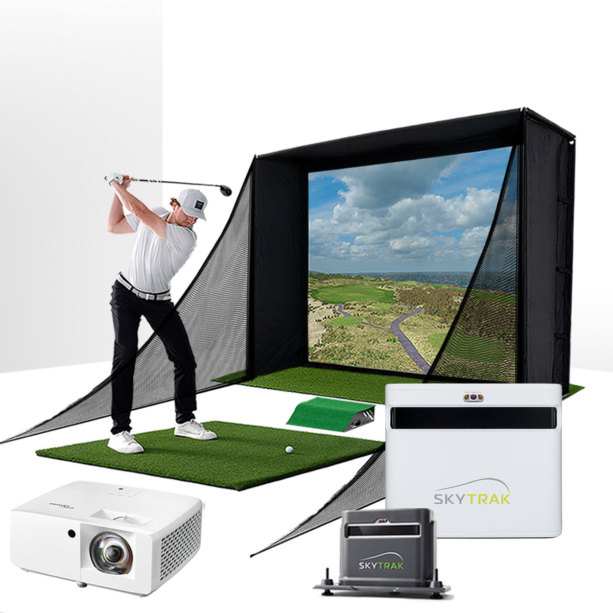 SkyTrak+ with PlayBetter SimStudio™ COMPLETE Package | Golf Simulator Studio with Impact Screen. Enclosure. Side Barriers. Hitting/Putting Mats. Projector & Protective Case