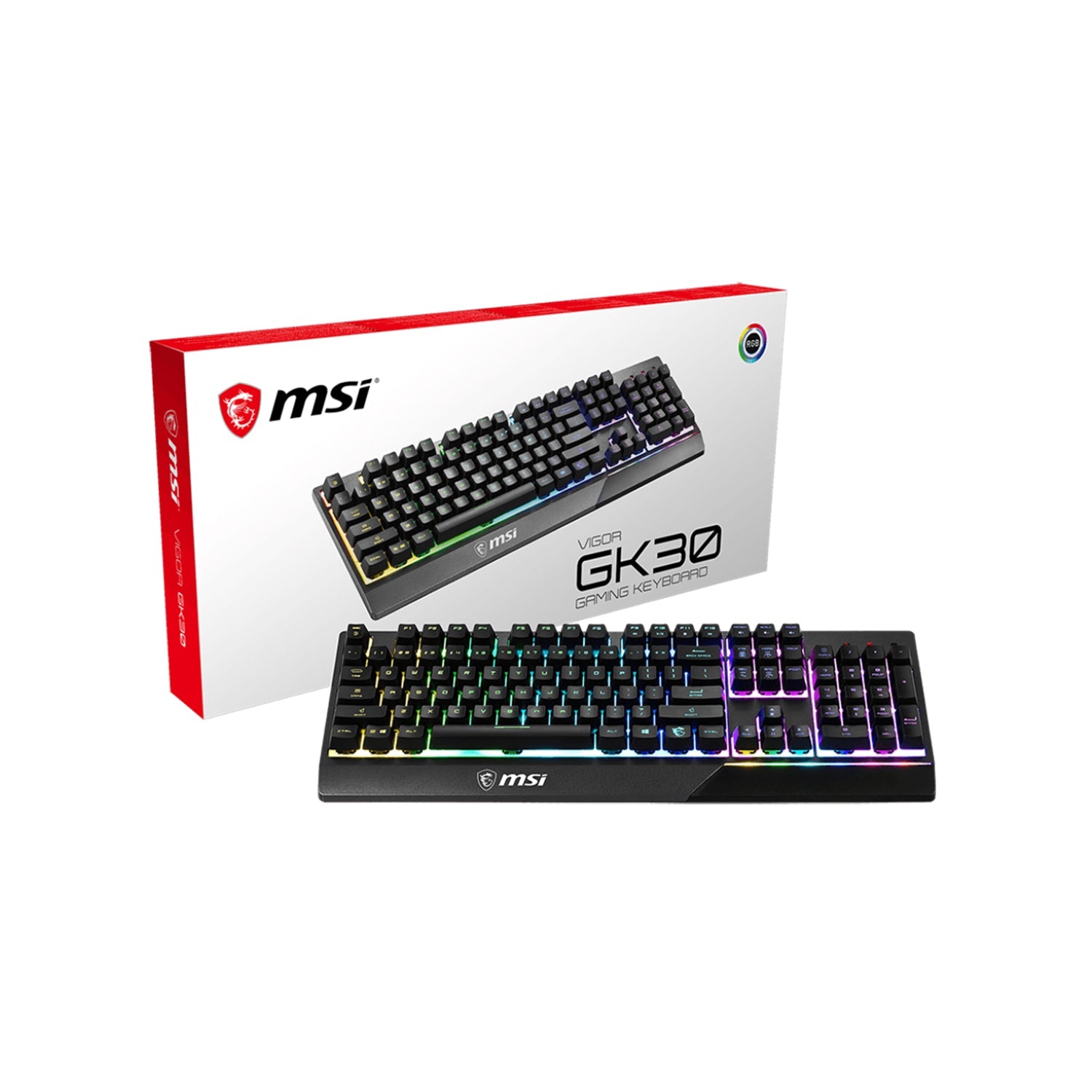 MSI VIGOR GK30 RGB Lighting Gaming Keyboard - USB 2.0 Wired Membrane 6 Zones With Plunger Switches. Water repellent & Splash-Proof . 20-key anti-ghosting - Black