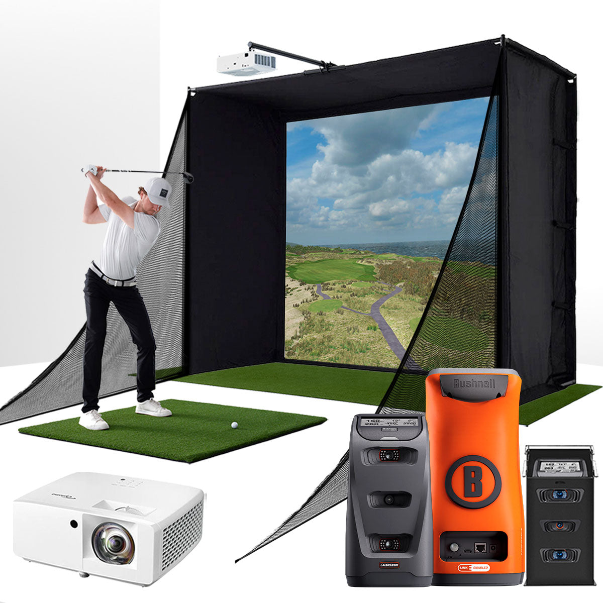 Bushnell Launch Pro Circle B with PlayBetter SimStudio™ COMPLETE Package | Golf Simulator Studio with Impact Screen. Enclosure. Side Barriers. Hitting/Putting Mats. Projector & Protective Case