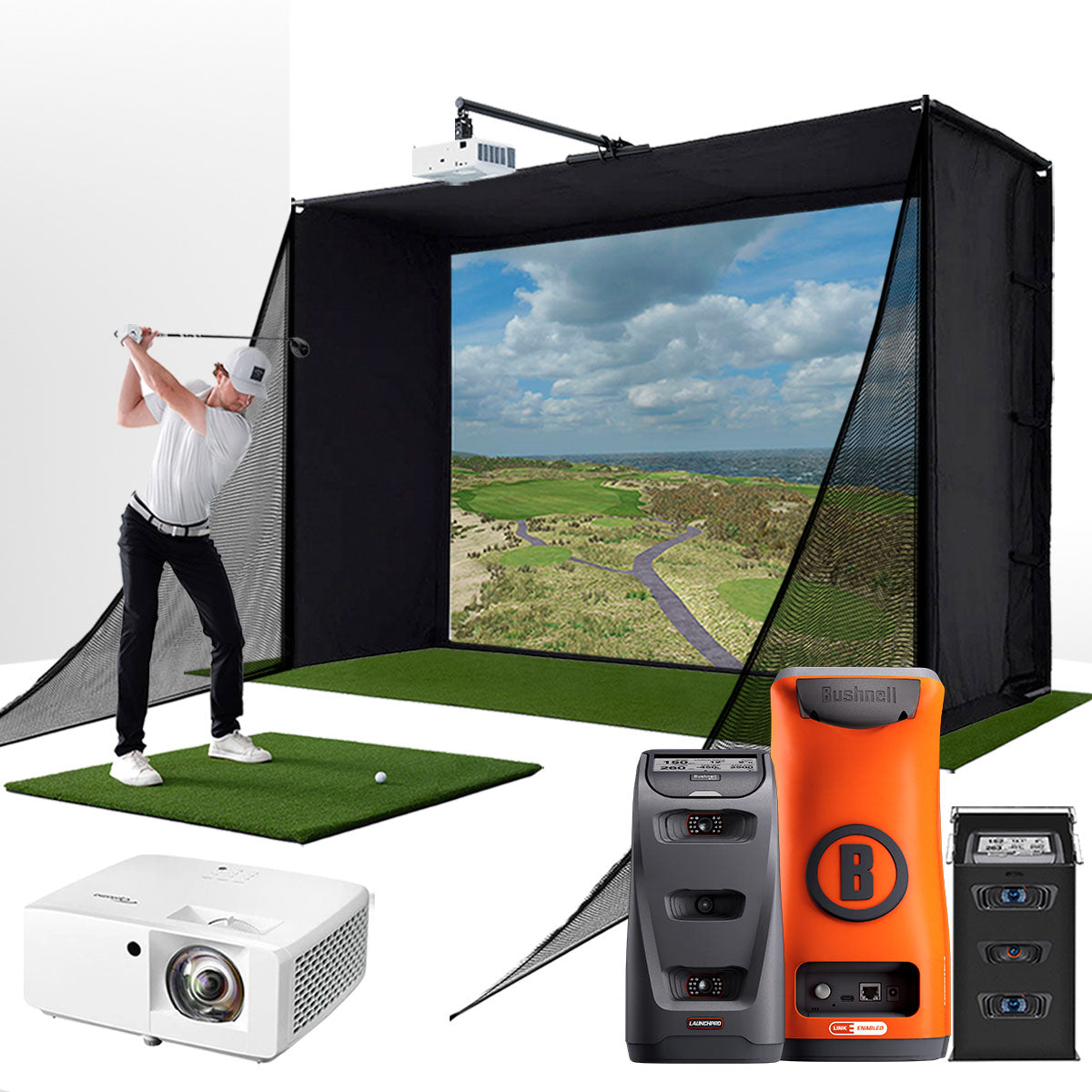 Bushnell Launch Pro Circle B with PlayBetter SimStudio™ COMPLETE Package | Golf Simulator Studio with Impact Screen. Enclosure. Side Barriers. Hitting/Putting Mats. Projector & Protective Case