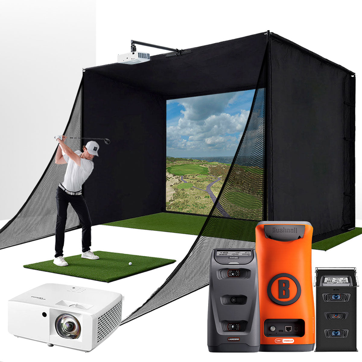 Bushnell Launch Pro Circle B with PlayBetter SimStudio™ COMPLETE Package | Golf Simulator Studio with Impact Screen. Enclosure. Side Barriers. Hitting/Putting Mats. Projector & Protective Case