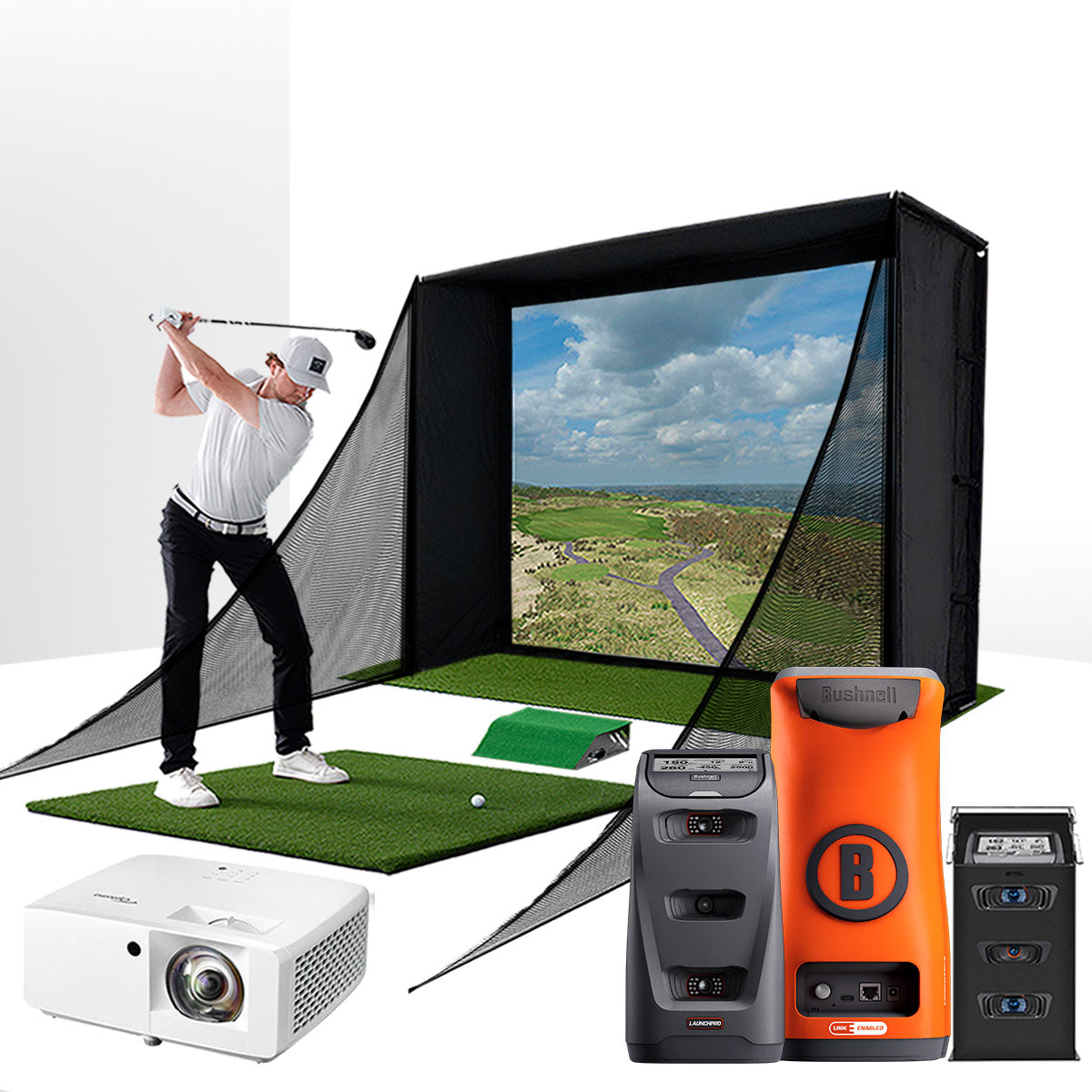 Bushnell Launch Pro Circle B with PlayBetter SimStudio™ COMPLETE Package | Golf Simulator Studio with Impact Screen. Enclosure. Side Barriers. Hitting/Putting Mats. Projector & Protective Case